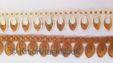 Off White Tissue Fabric Cutwork Embroidered Lace Trim With Off White / Brown and Gold Embroidery, Approx. 45mm Wide, One yard Lace